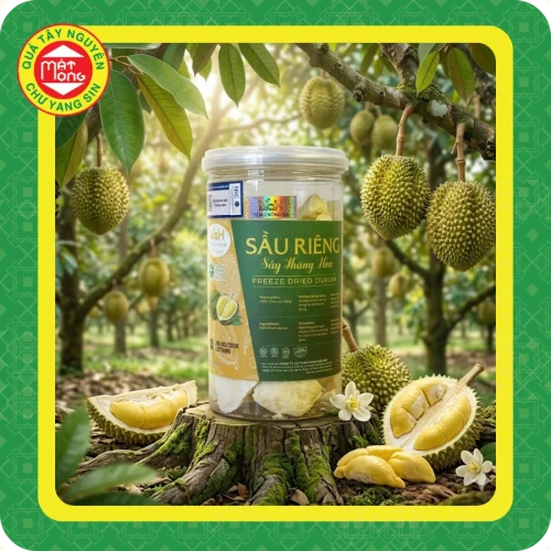 Sầu riêng sấy giòn hũ pet 100g giữ trọn hương vị tự nhiên, giòn thơm hấp dẫn, thích hợp ăn vặt và làm quà tặng đặc sản.